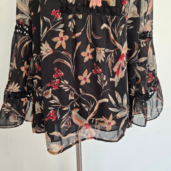 Anthropologie Maeve Odette Blouse Black Floral Bell Sleeves Crochet Women Medium - Picture 7 of 13